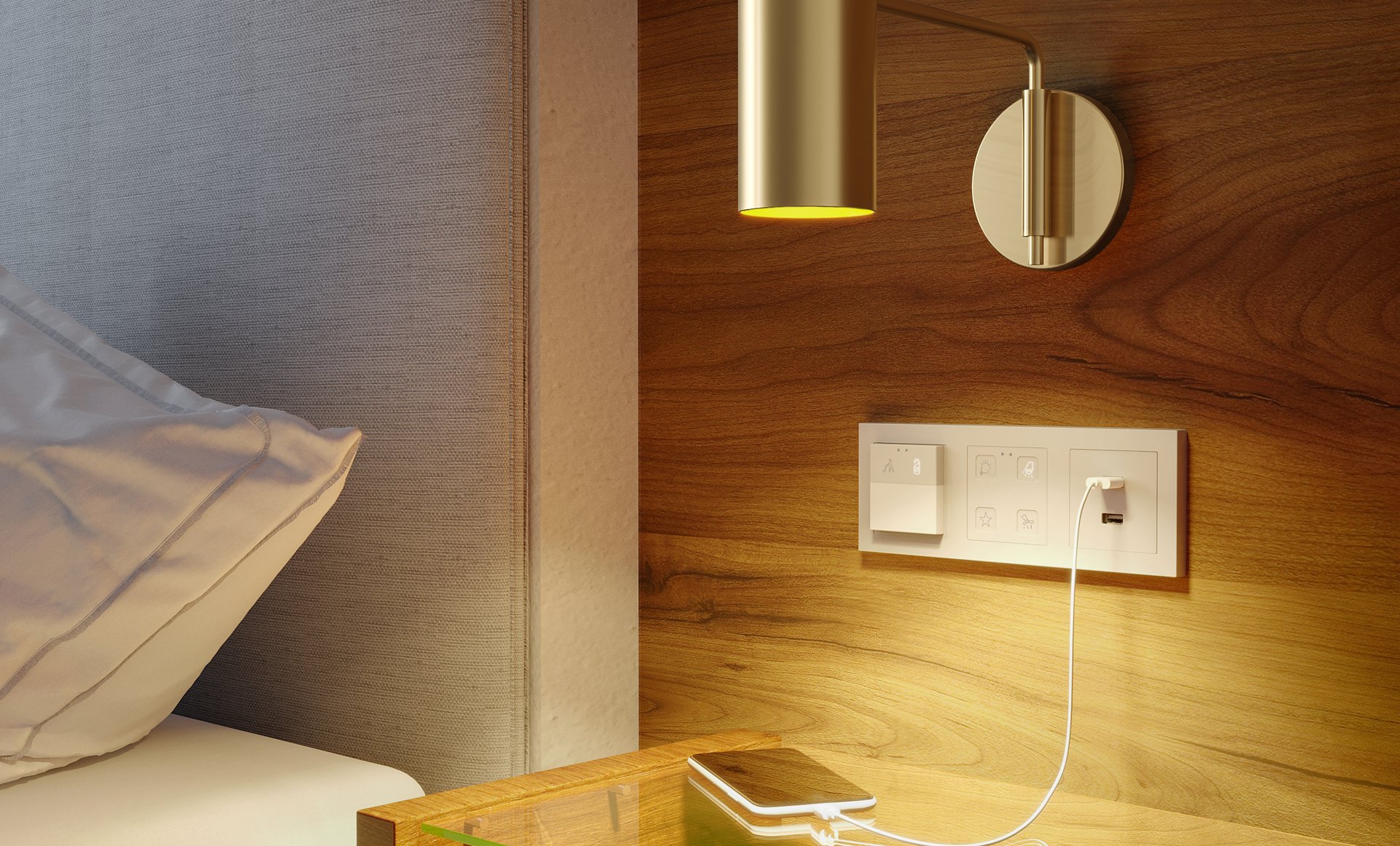 KNX-bediening en USB-lader naast het bed